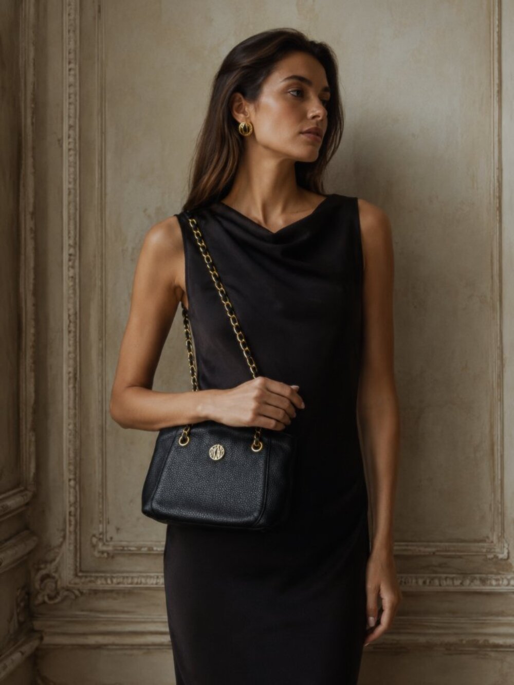 DKNY Cow Leather Shoulder Crossbody Convertible Chain Strap BagBlack/Gold